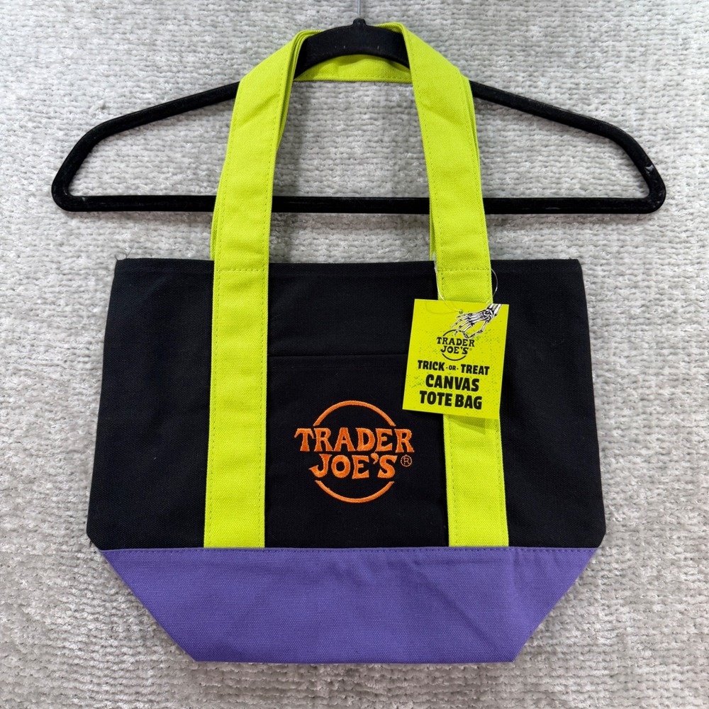 Trader Joe's Mini Tote Trick-or-Treat Canvas Halloween Black Purple Neon Green